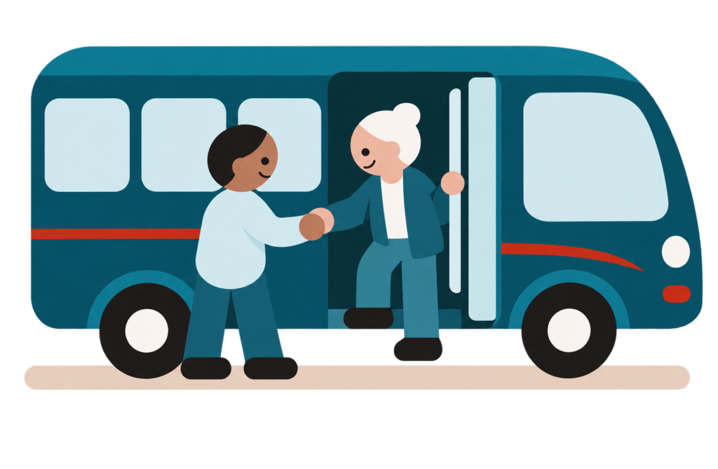 A driver helping an older rider step down from a Chatham Transit bus.