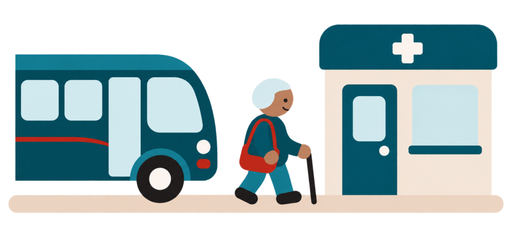 An older rider with a cane walking from a Chatham Transit bus to a clinic door.